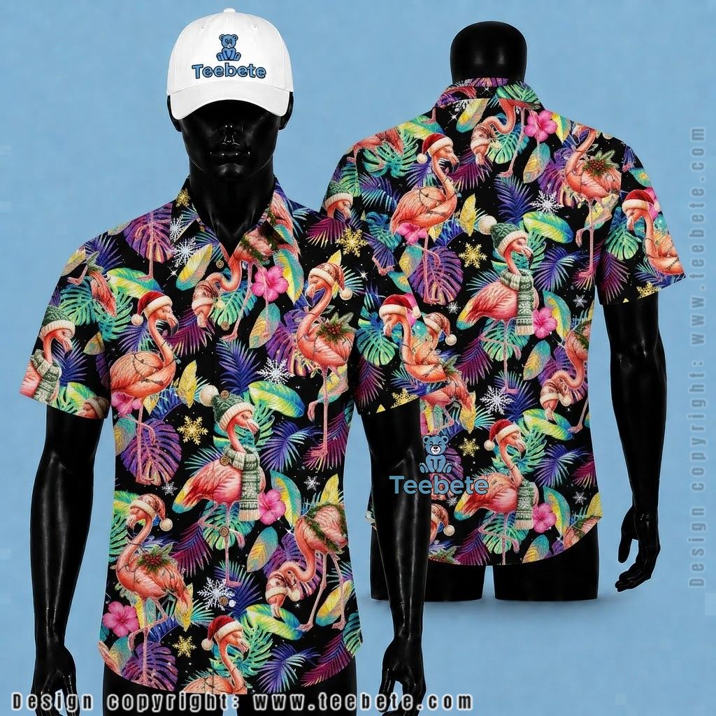Flamingo Hawaiian Shirt Christmas Santa Hat