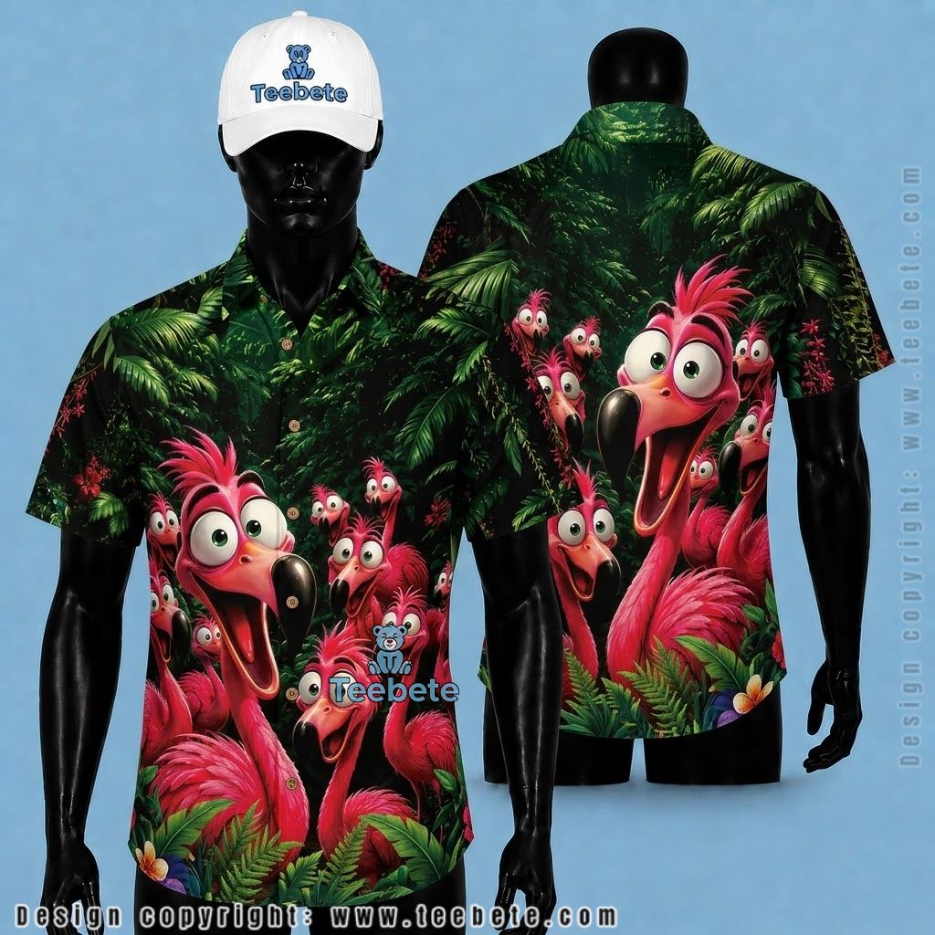 Flamingo Hawaiian Shirt Funny Cartoon Jungle Crowd