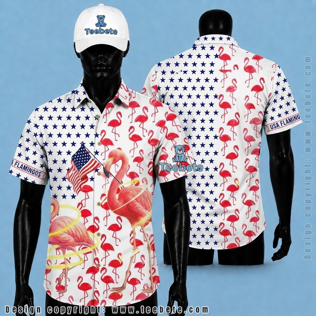 Flamingo Hawaiian Shirt Hula Hoop Star Navy American