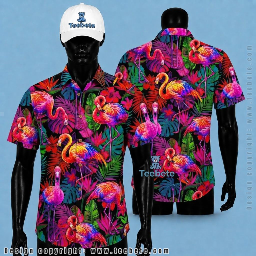 Flamingo Hawaiian Shirt Neon Vivid Black