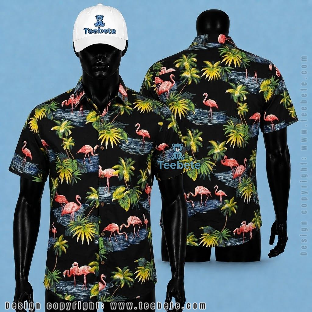 Flamingo Hawaiian Shirt Palm Tree Black Lagoon