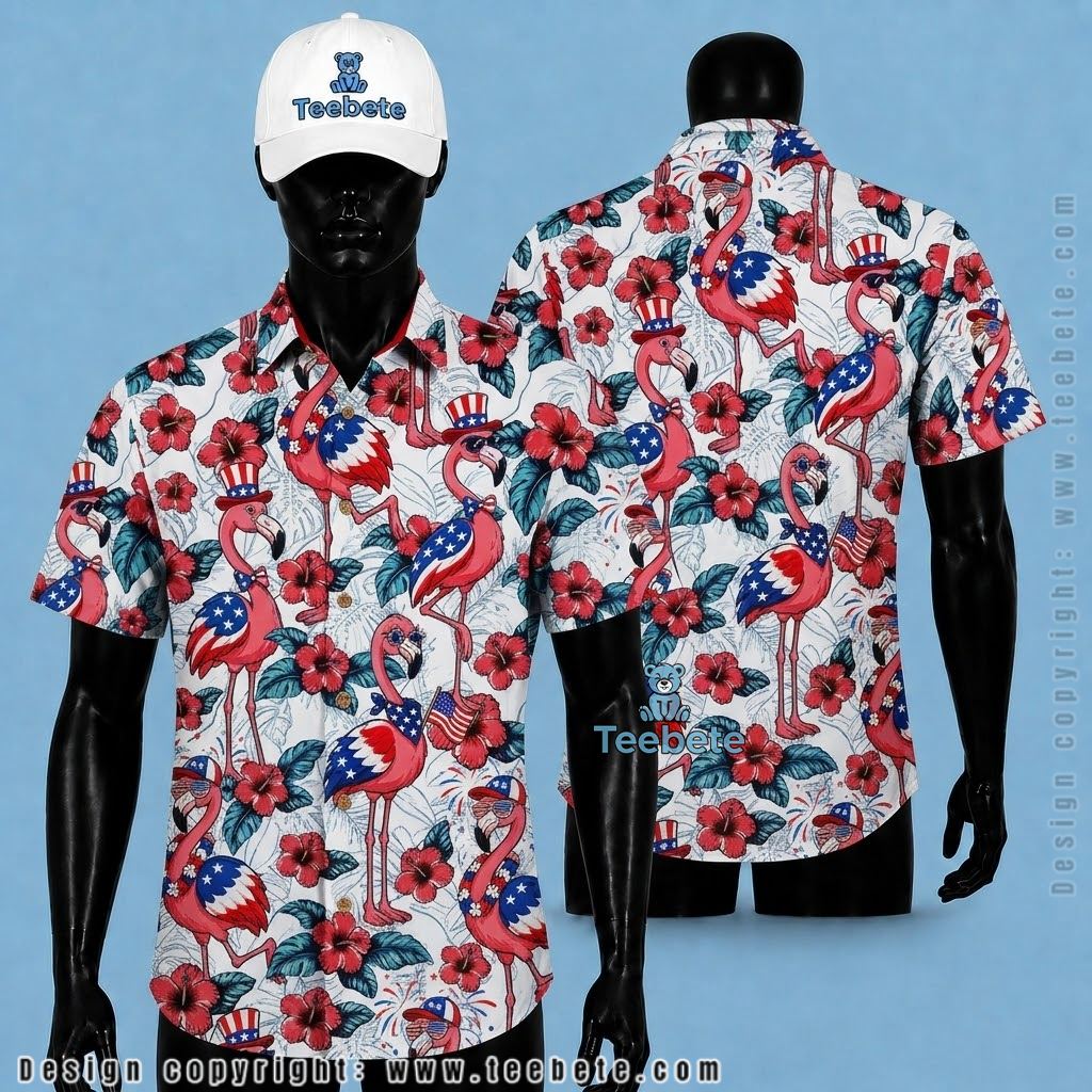 Flamingo Hawaiian Shirt Patriotic USA Flag Independence Day