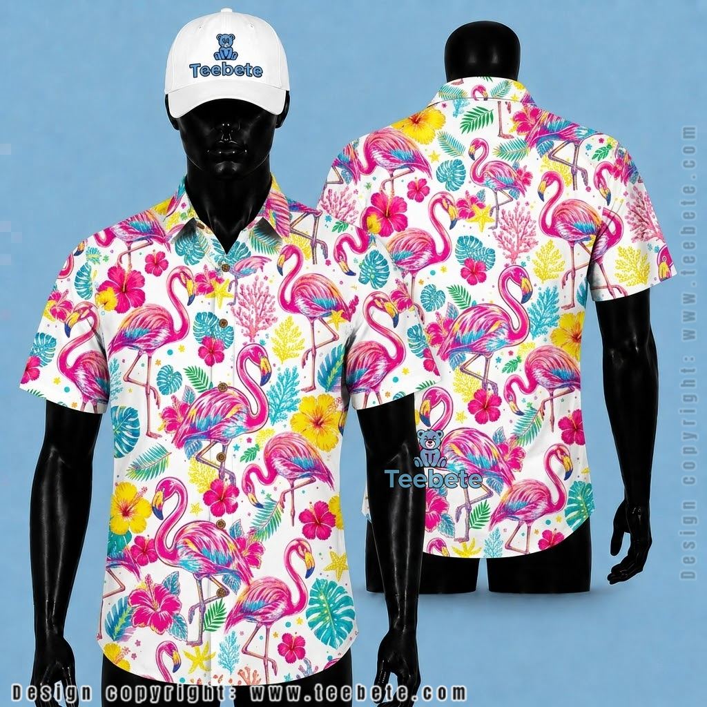 Flamingo Tropical Shirt Coral Reef Colorful Beach Print