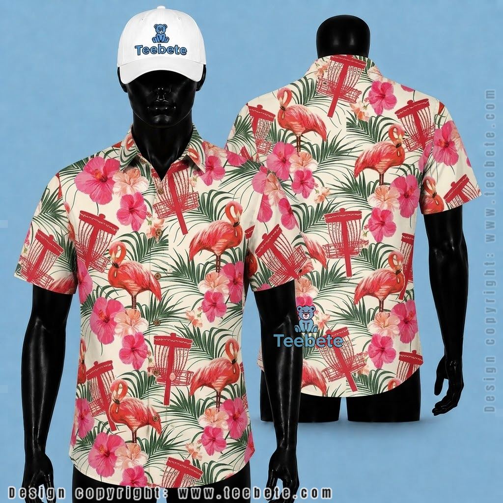 Flamingo Tropical Shirt Disc Golf Tropical Hibiscus Floral Print