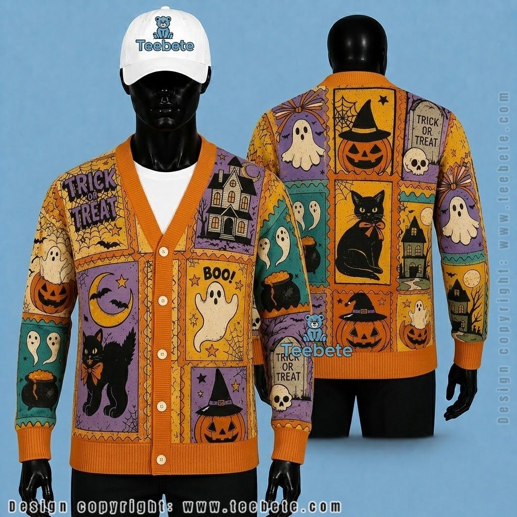 Funky Halloween Cardigan Skull And Pumpkin Print