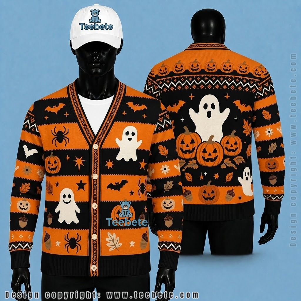 Ghost Halloween Cardigan Acorn Stripe Pumpkin Row
