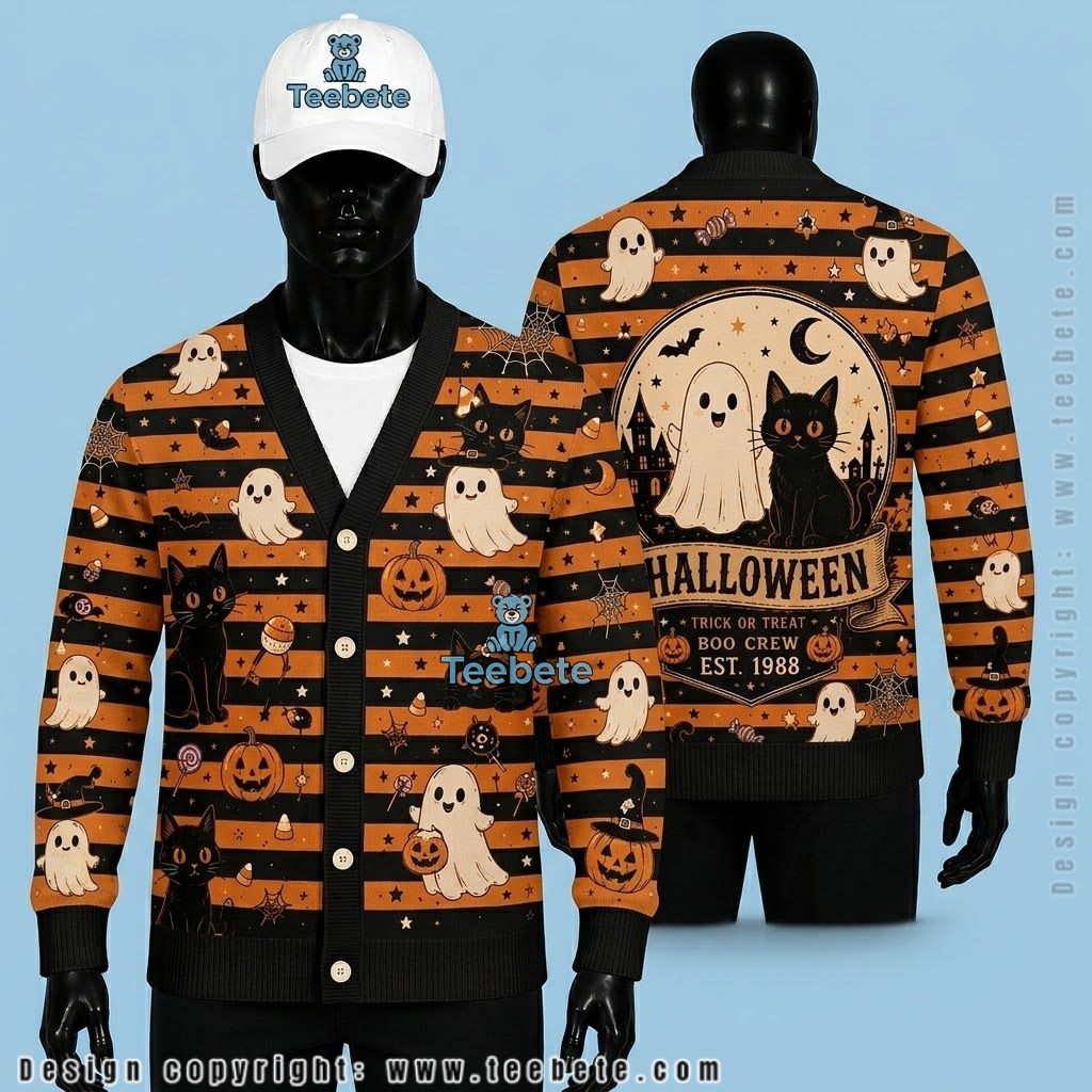 Ghost Halloween Cardigan Black Cat Boo Crew