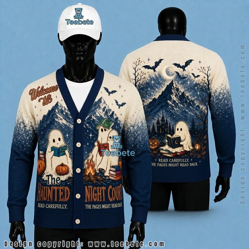 Ghost Halloween Cardigan Book Stack Mountain Campfire