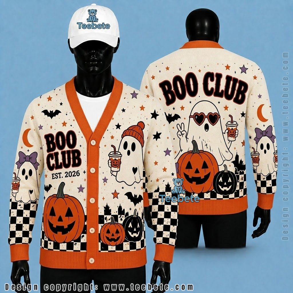Ghost Halloween Cardigan Checkered Pumpkin Boo Club