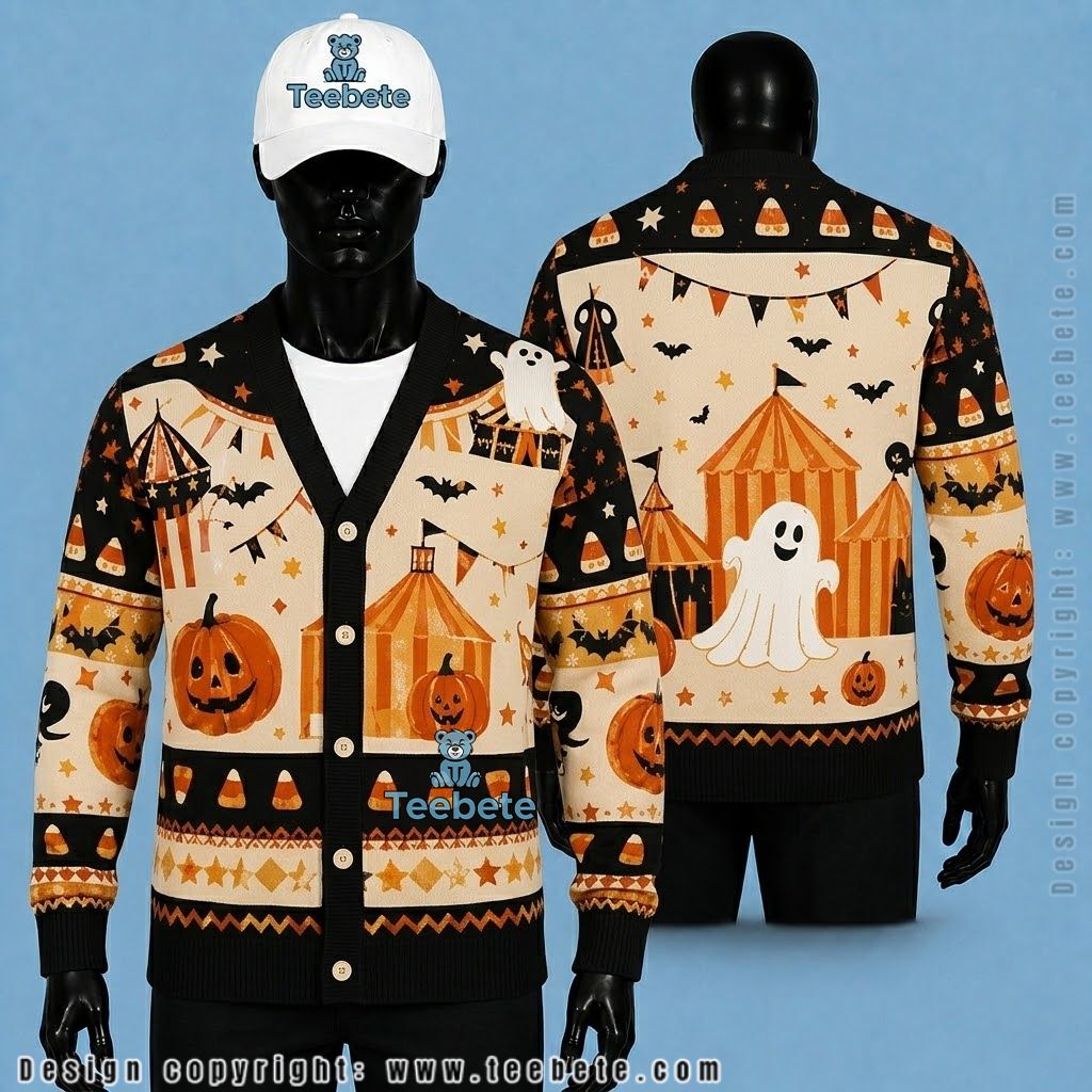 Ghost Halloween Cardigan Circus Tent And Candy Corn