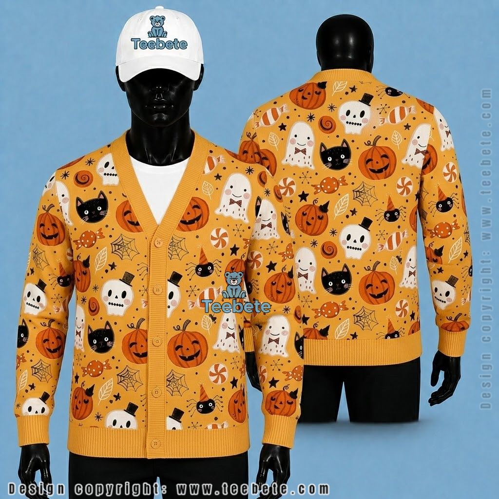 Ghost Halloween Cardigan Cute Pumpkin And Skull