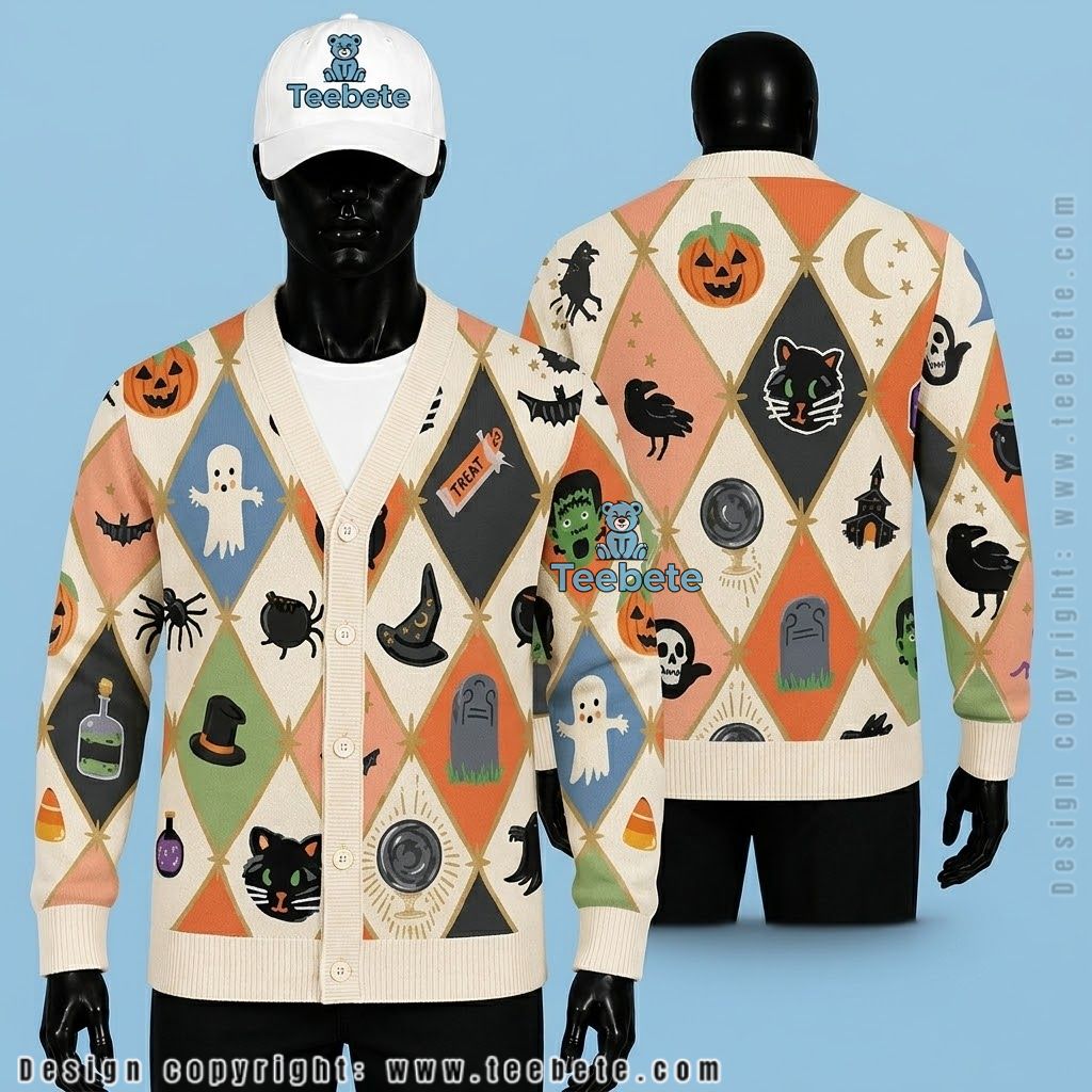Ghost Halloween Cardigan Diamond Pumpkin And Skull