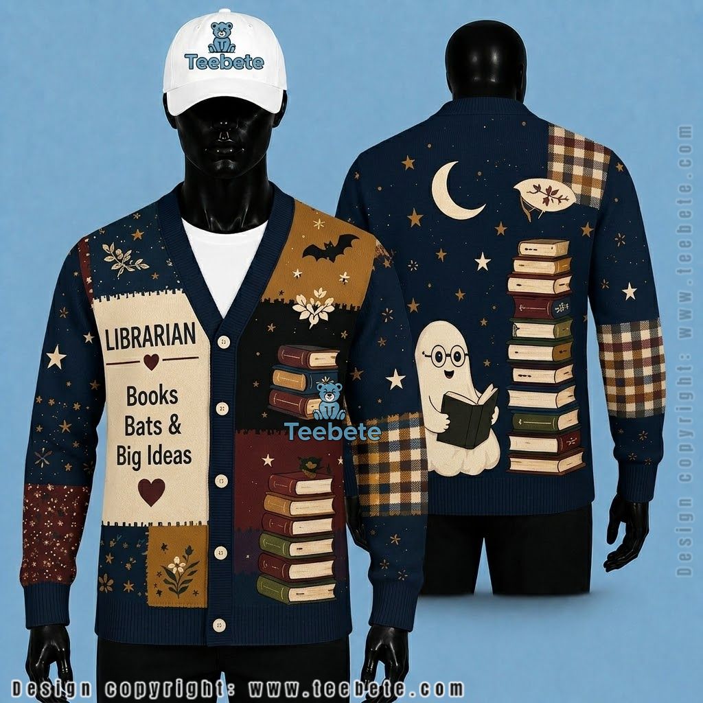 Ghost Halloween Cardigan Librarian Bookshelf