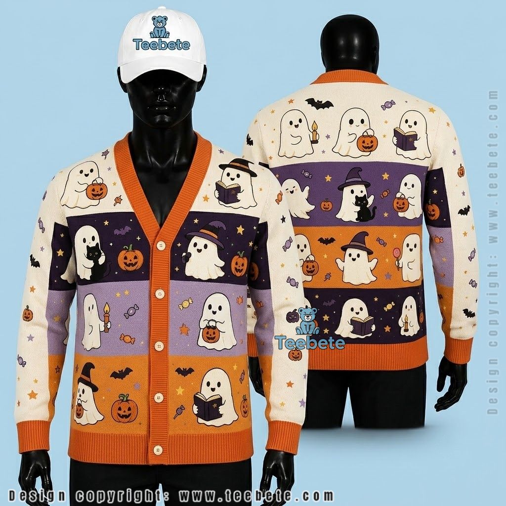Ghost Halloween Cardigan Multi-Stripe Pumpkin