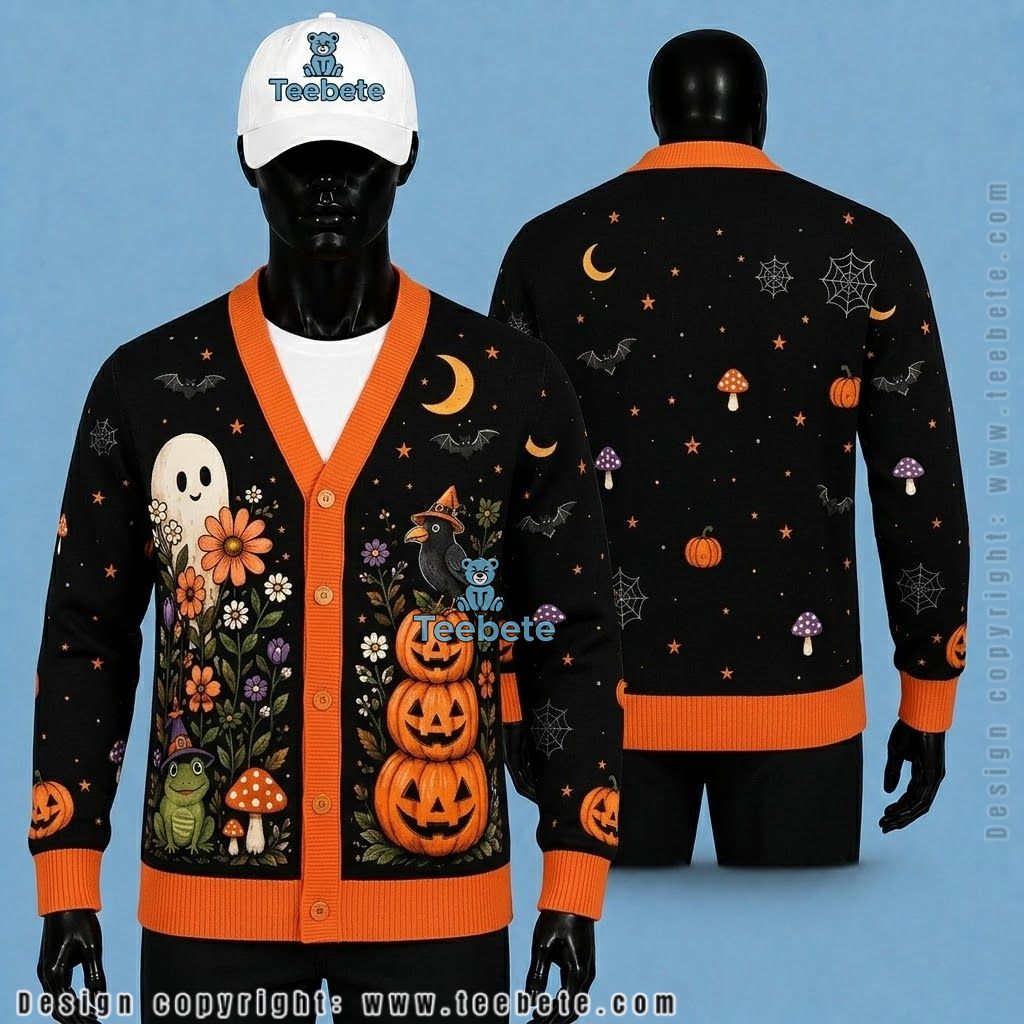 Ghost Halloween Cardigan Mushroom And Floral Pumpkin