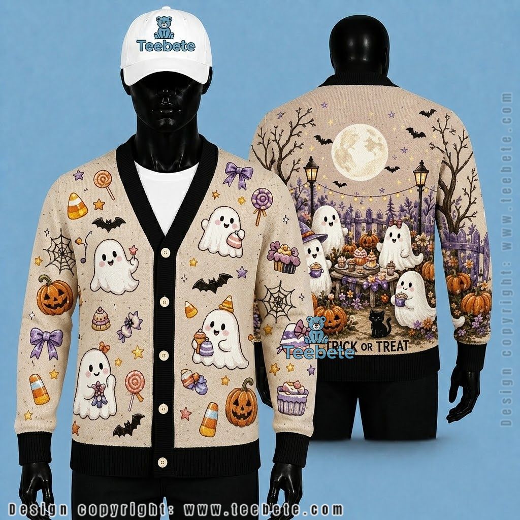Ghost Halloween Cardigan Pumpkin Garden Tea Party