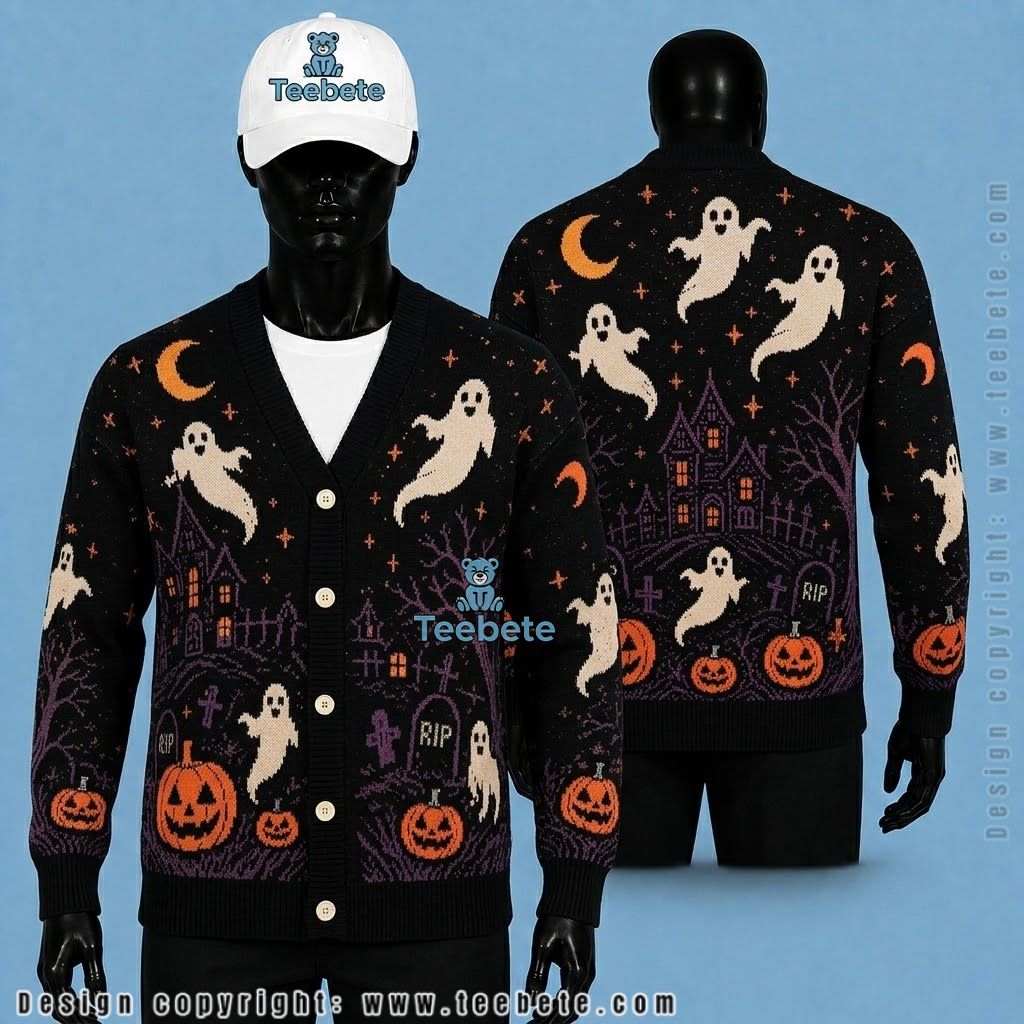 Ghost Halloween Cardigan RIP Tombstone And Pumpkin