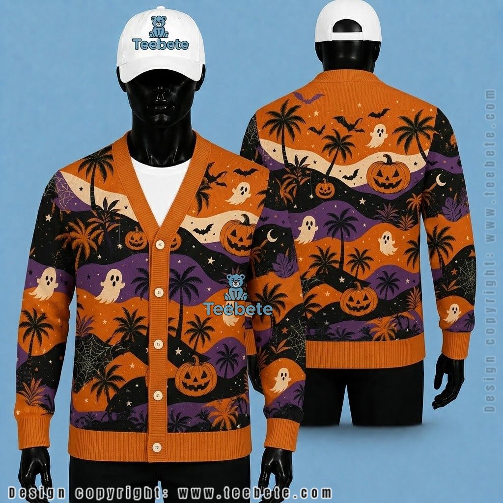 Ghost Halloween Cardigan Tropical Palm Pumpkin