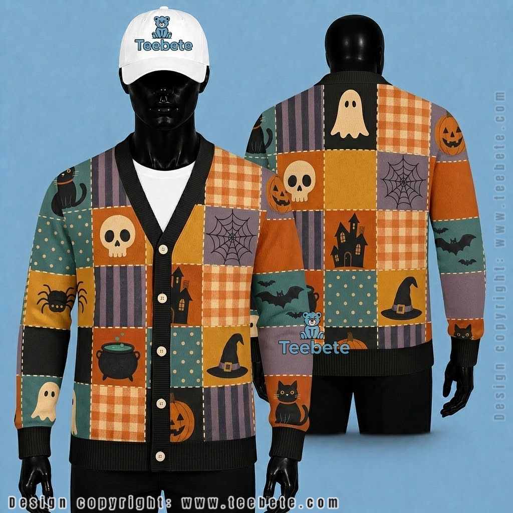 Gingham Halloween Cardigan Cauldron Skull And Spider