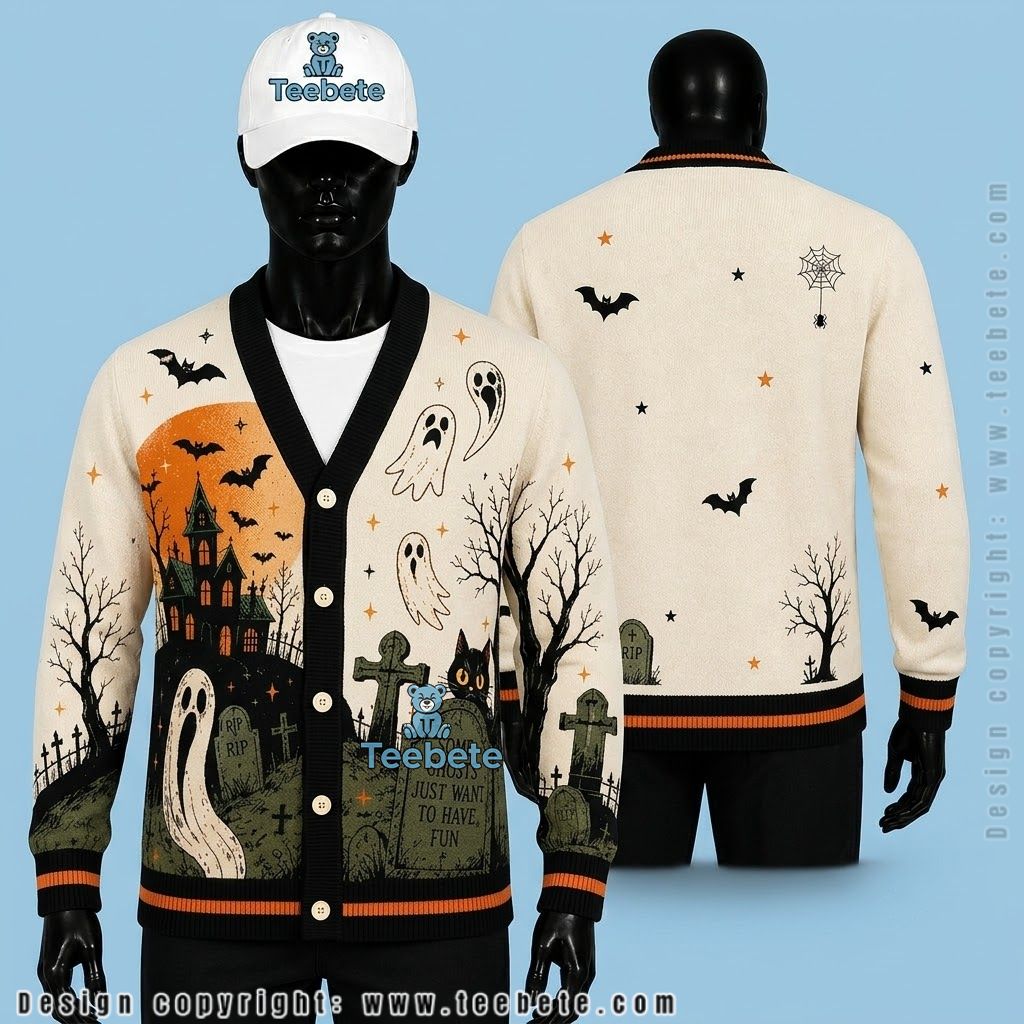 Gothic Halloween Cardigan Black Cat Haunted House Ghost