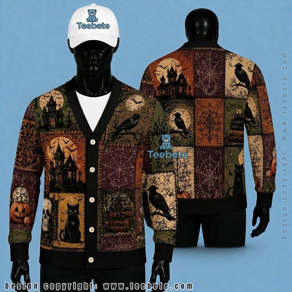 Gothic Halloween Cardigan Crow, Skull And Pumpkin Patchwork