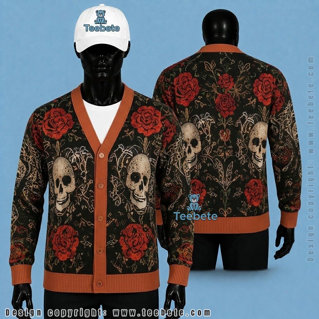 Gothic Halloween Cardigan Floral Skull And Rose