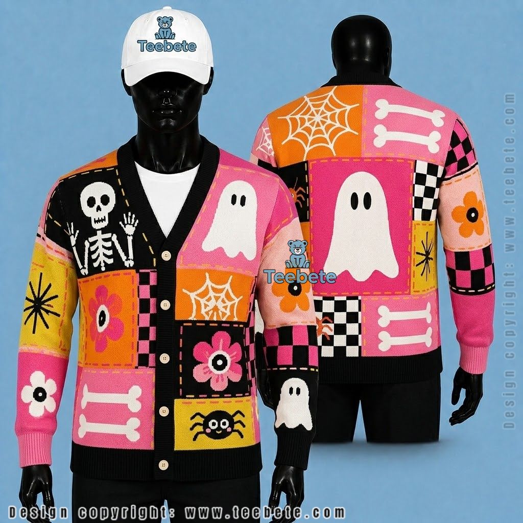 Groovy Halloween Cardigan Flower, Ghost And Skeleton