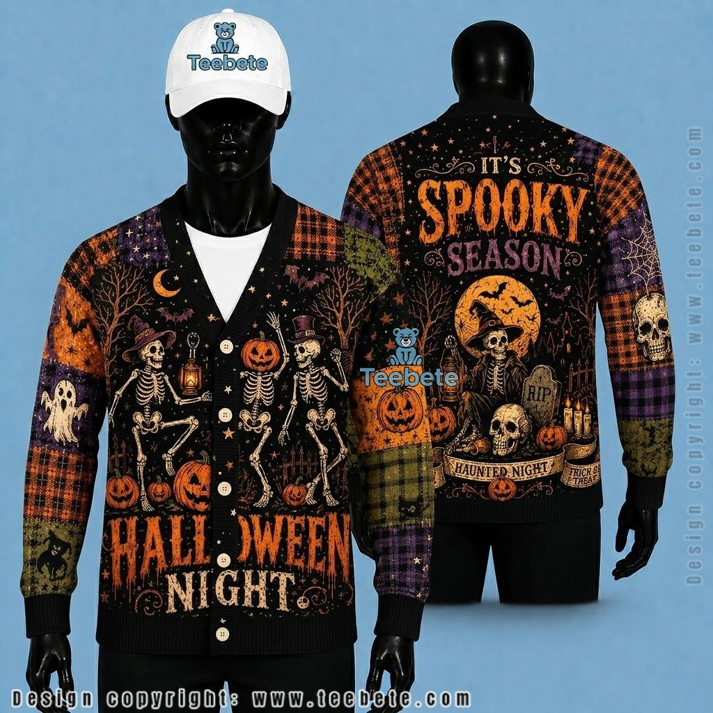 Halloween Night Halloween Cardigan Witch, Skeleton And Pumpkin