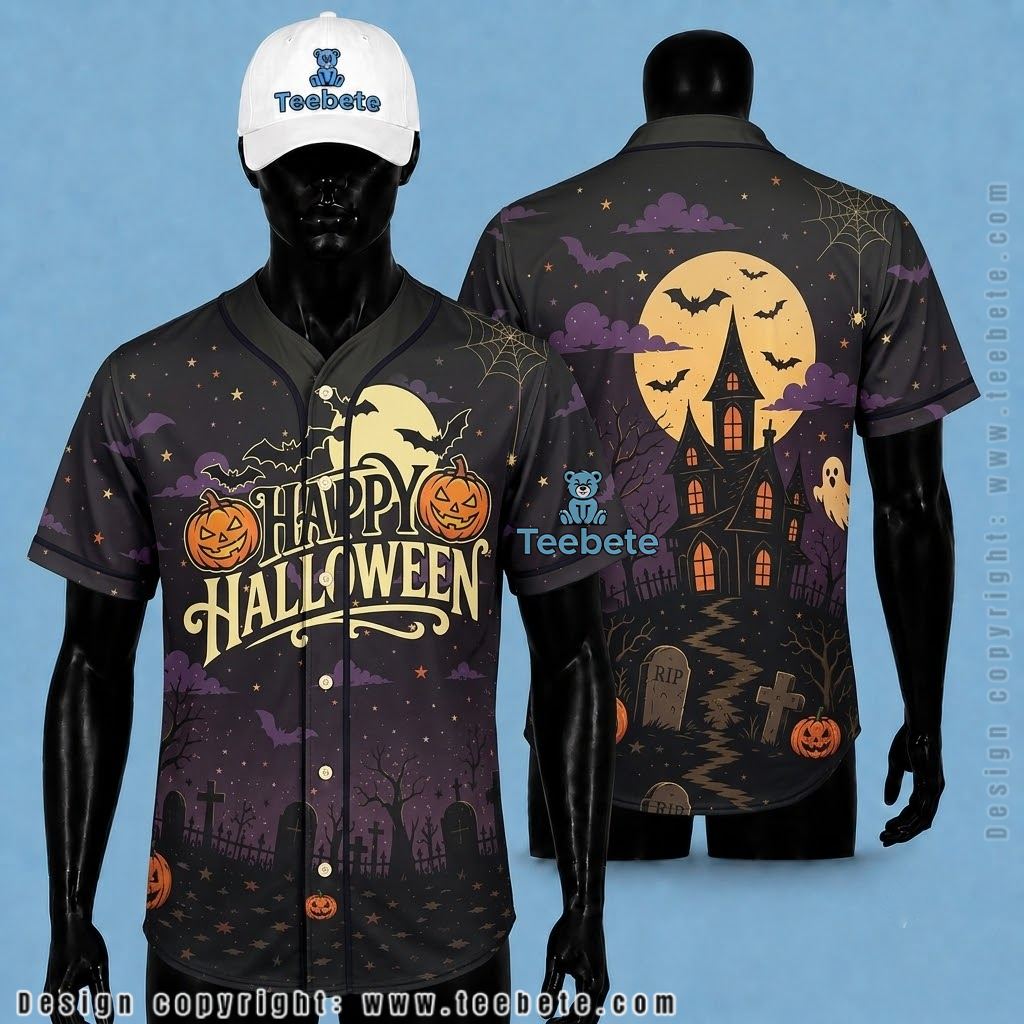 Happy Halloween Baseball Jersey Haunted House Graveyard Black