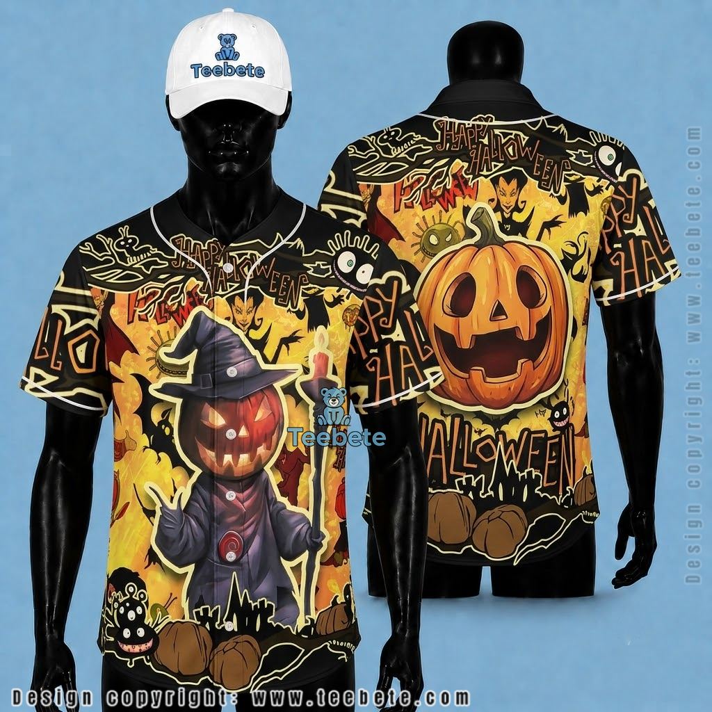 Happy Halloween Baseball Jersey Pumpkin Witch Wizard
