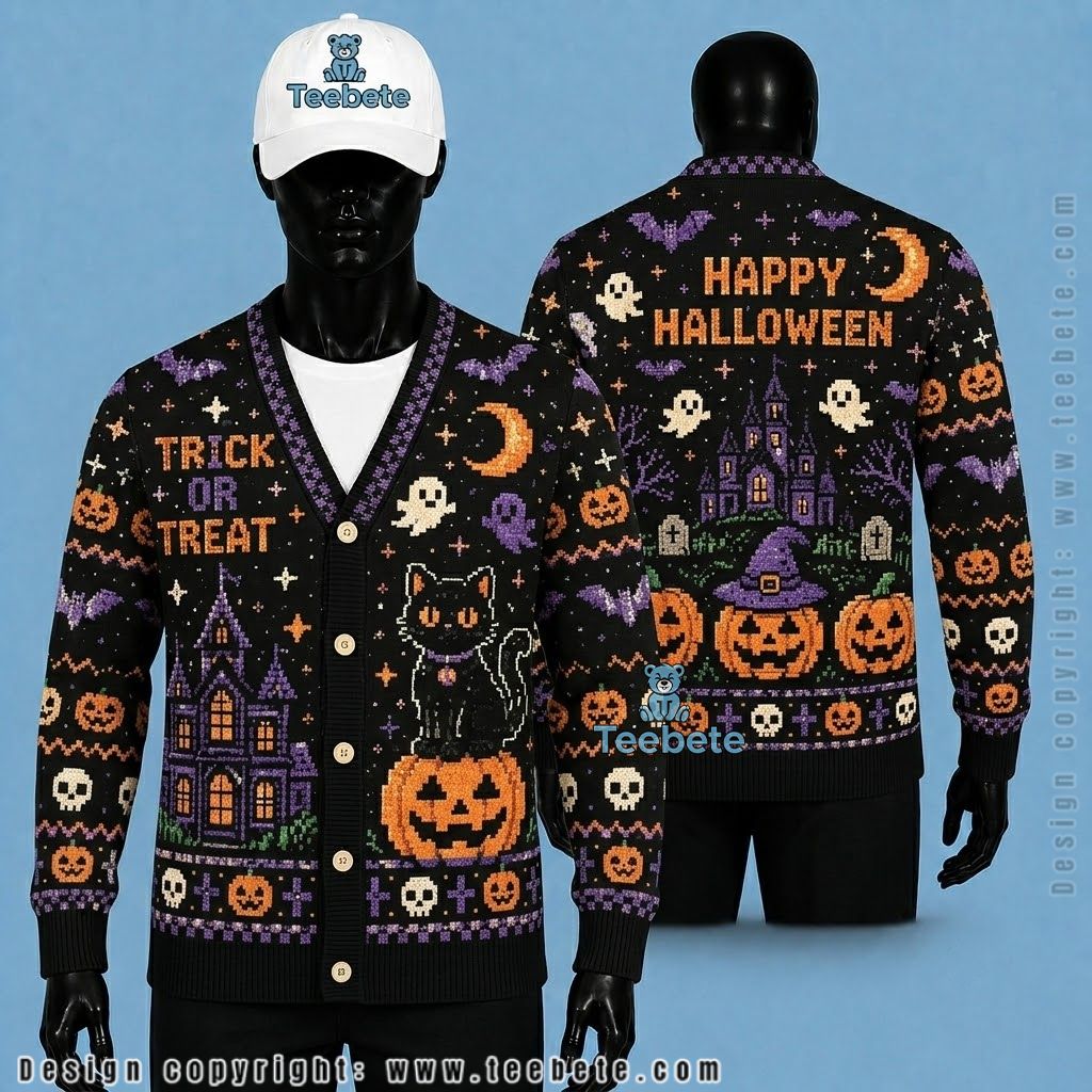 Happy Halloween Cardigan Black Cat Haunted House