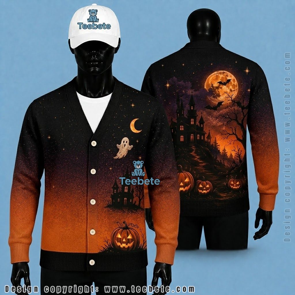 Haunted Castle Halloween Cardigan Pumpkin Under Full Moon