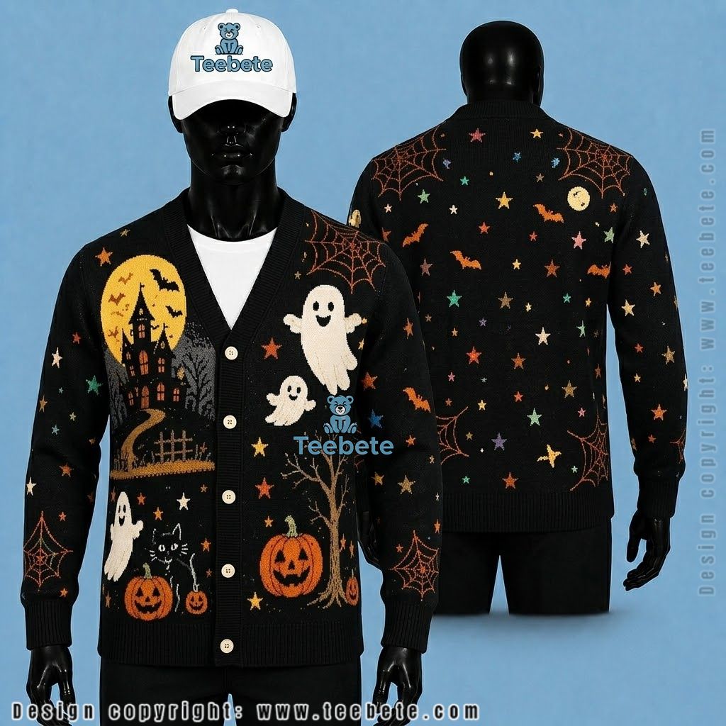 Haunted Halloween Cardigan Pumpkin Ghost House