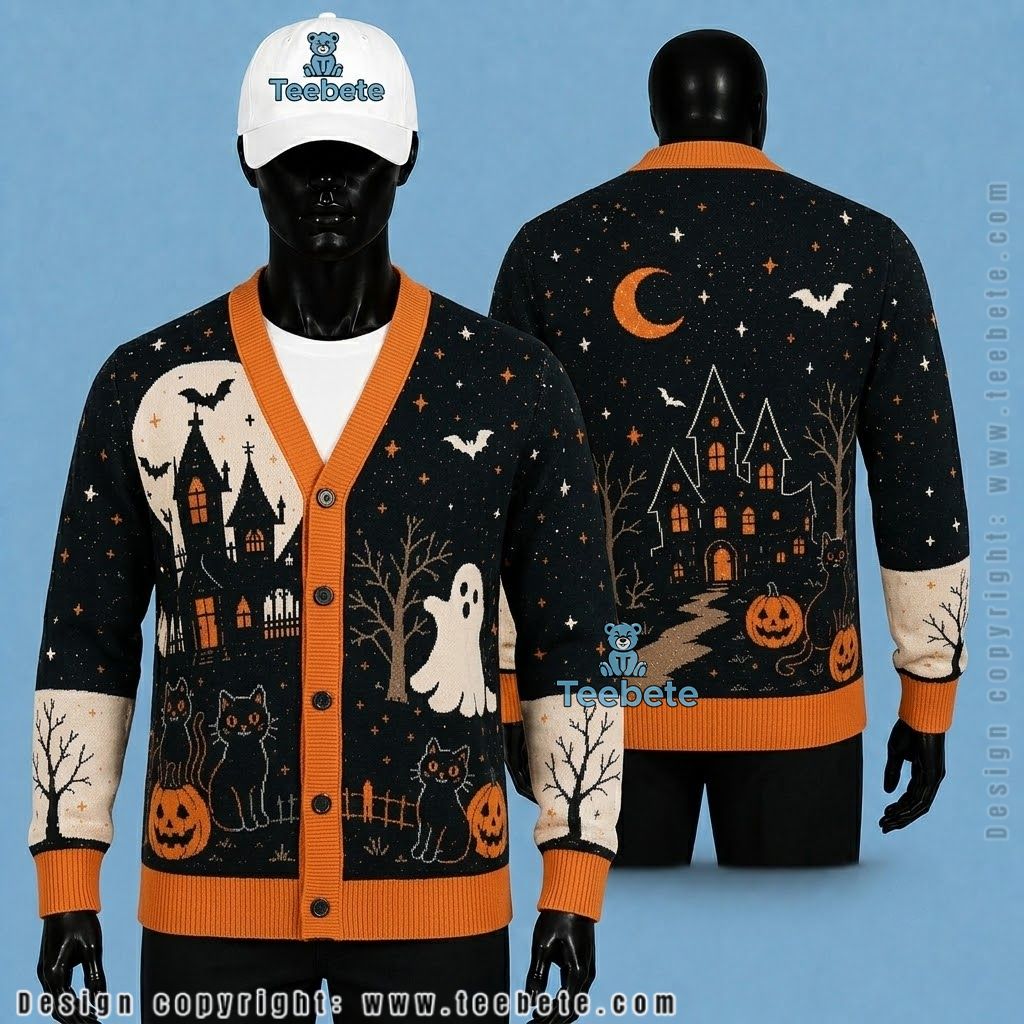 Skull Halloween Cardigan Checkerboard Black Cat And Ghost