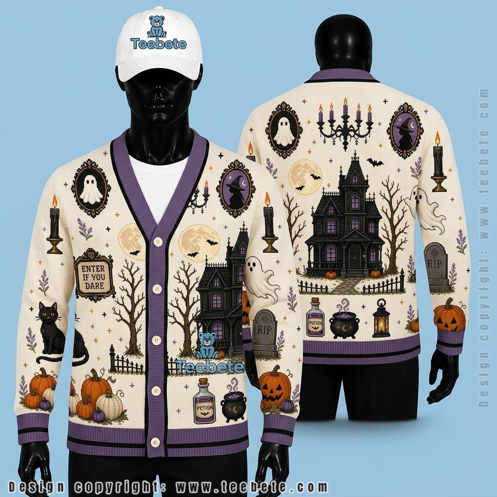 Haunted House Halloween Cardigan Enter If You Dare