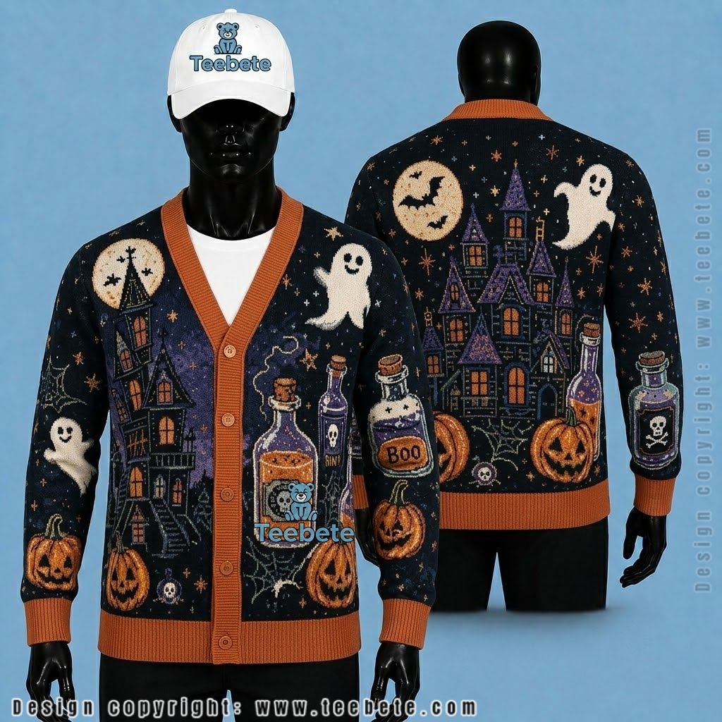 Haunted House Halloween Cardigan Potion Bottle
