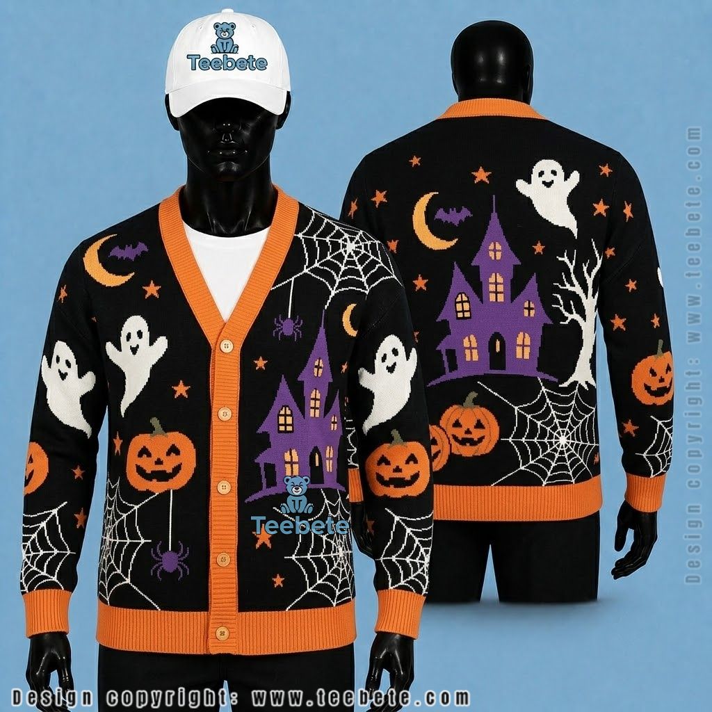 Haunted House Halloween Cardigan Purple Spider Web