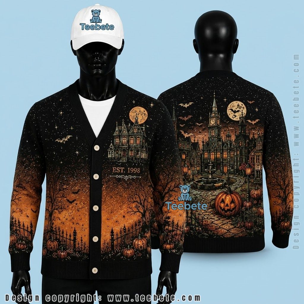 Haunted Village Halloween Cardigan Clocktower And Fountain