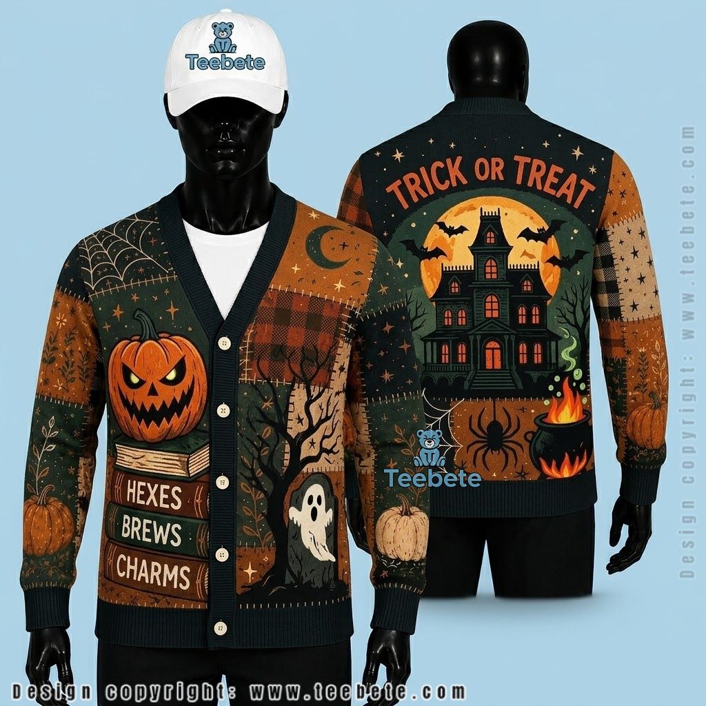 Hexes Halloween Cardigan Cauldron, Pumpkin And Books