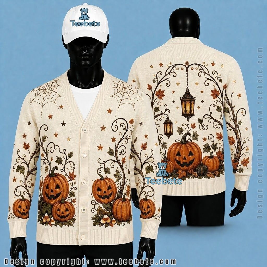 Lantern Halloween Cardigan Pumpkin Vine