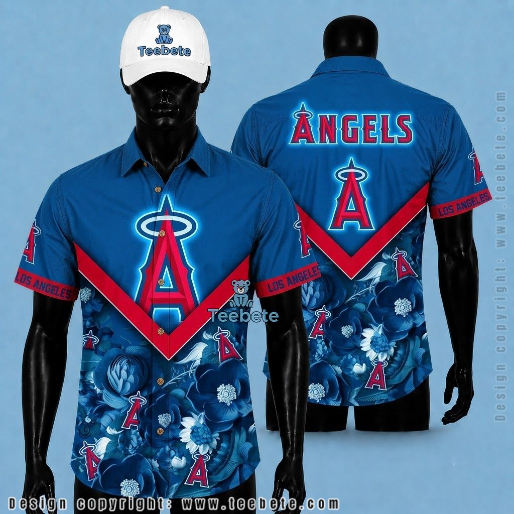 Los Angeles Angels Hawaiian Shirt Chevron Floral Blue