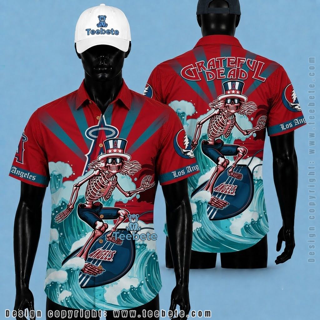 Los Angeles Angels Hawaiian Shirt Grateful Dead Skeleton Surf