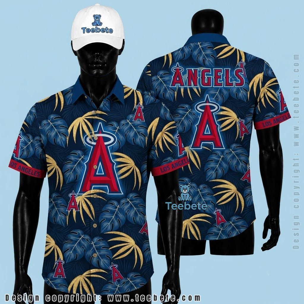 Los Angeles Angels Hawaiian Shirt Monstera Leaf Navy