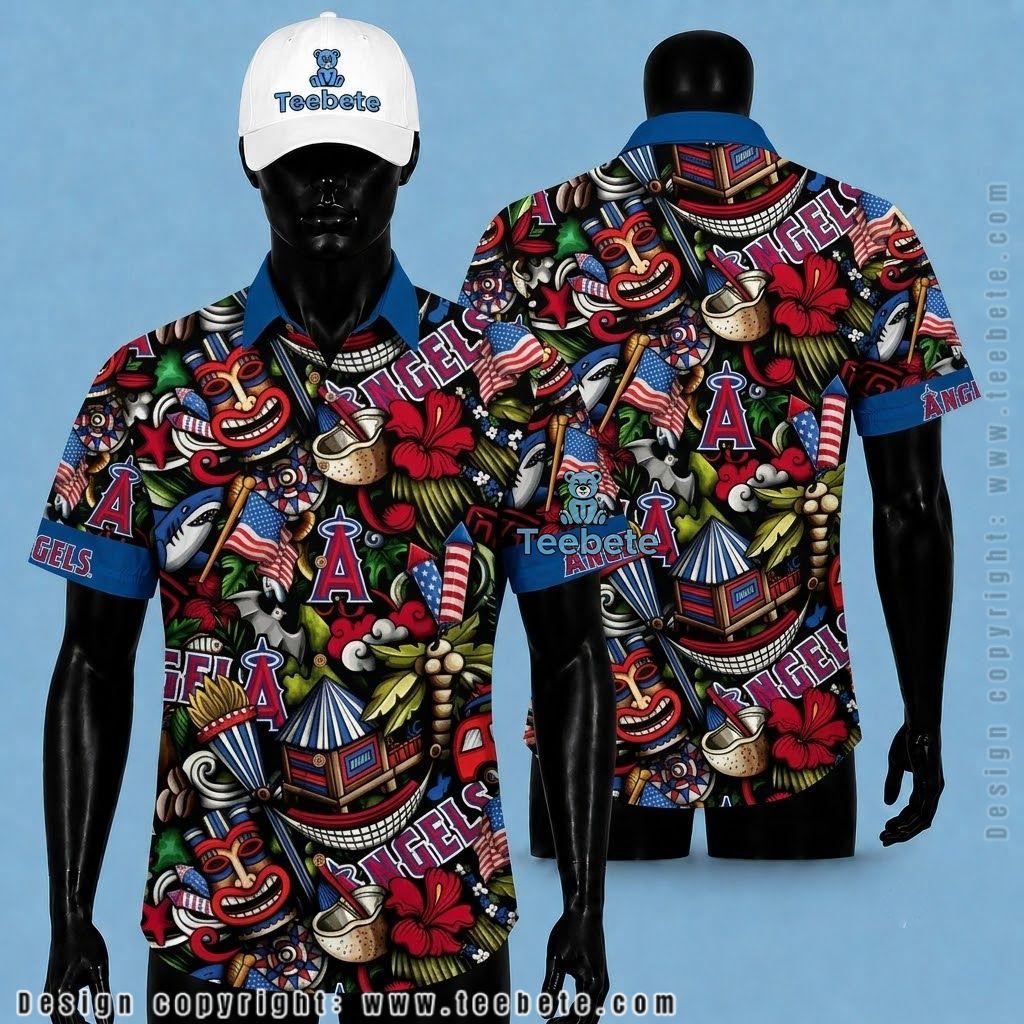 Los Angeles Angels Hawaiian Shirt Patriotic Tiki Firework