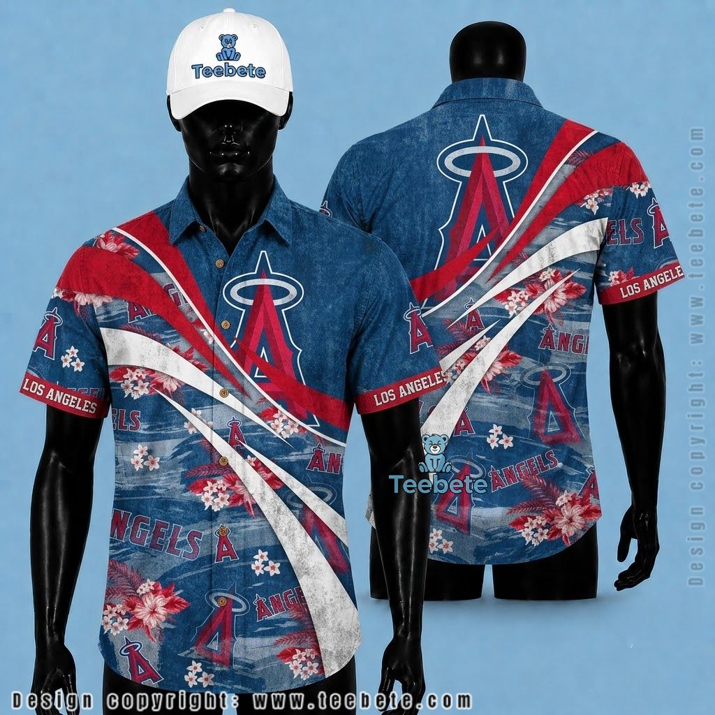 Los Angeles Angels Hawaiian Shirt Swirl Hibiscus Blue