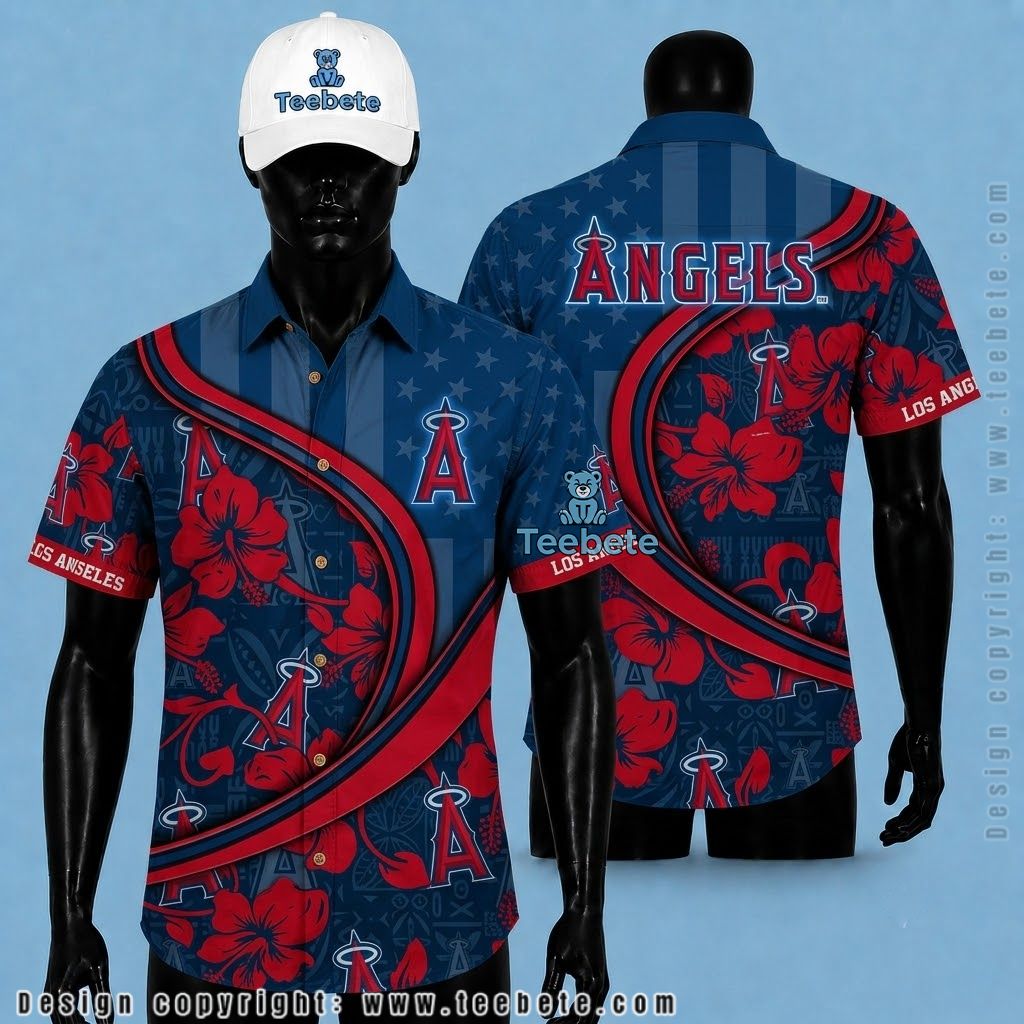 Los Angeles Angels Hawaiian Shirt Swirl Hibiscus Stripe