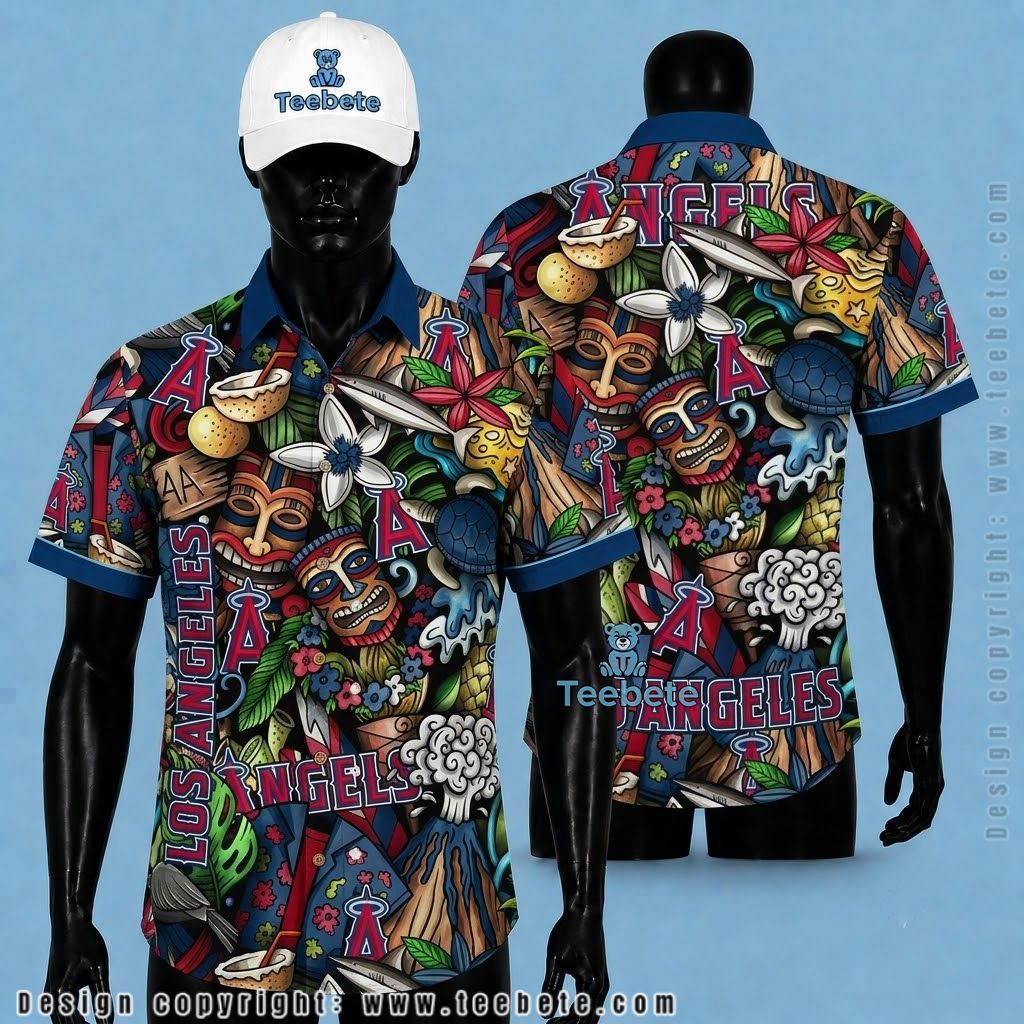 Los Angeles Angels Hawaiian Shirt Tiki Volcano Turtle Colorful
