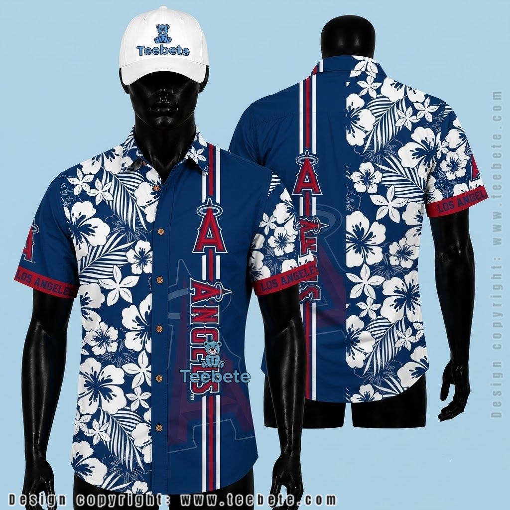 Los Angeles Angels Hawaiian Shirt White Hibiscus Stripe