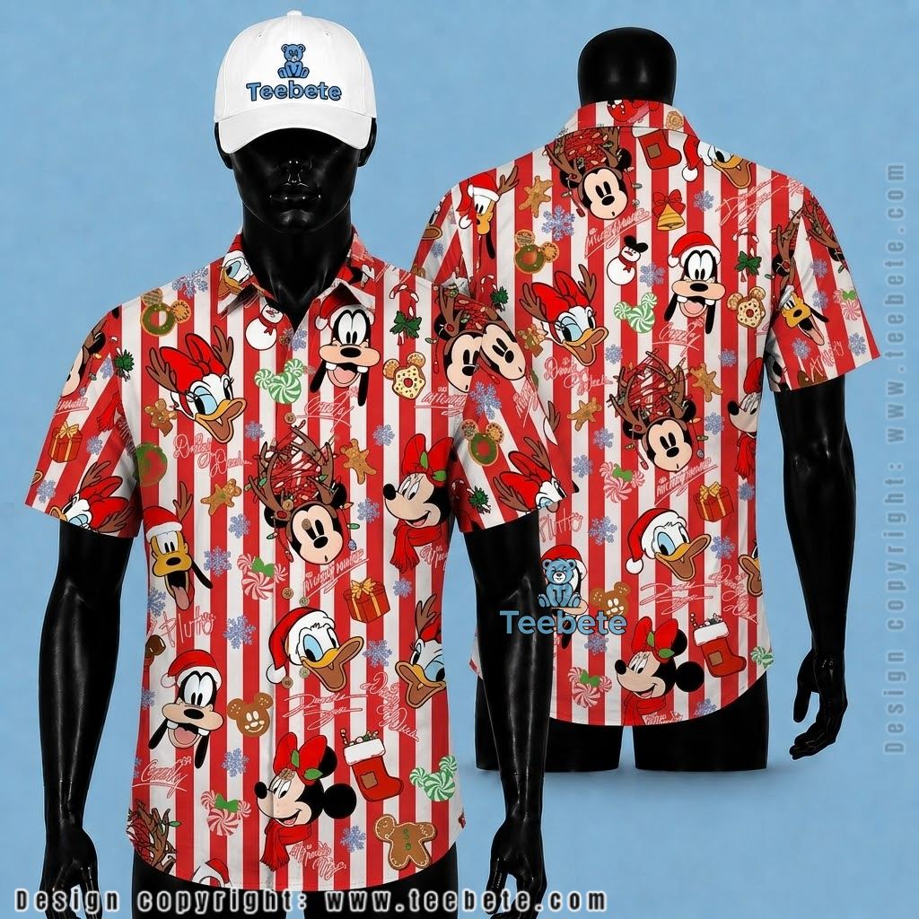 Mickey Mouse Hawaiian Shirt Christmas Stripe Red Print