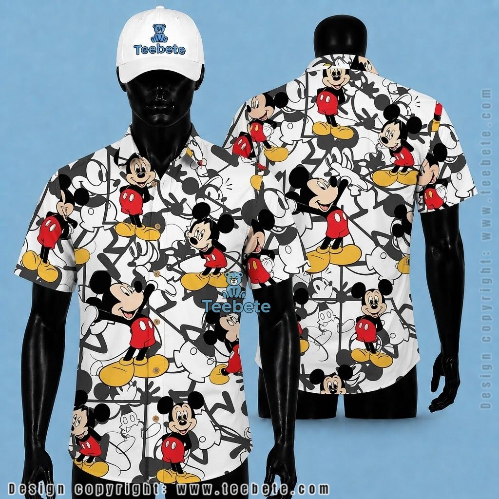 Mickey Mouse Hawaiian Shirt Classic Sketch White Print